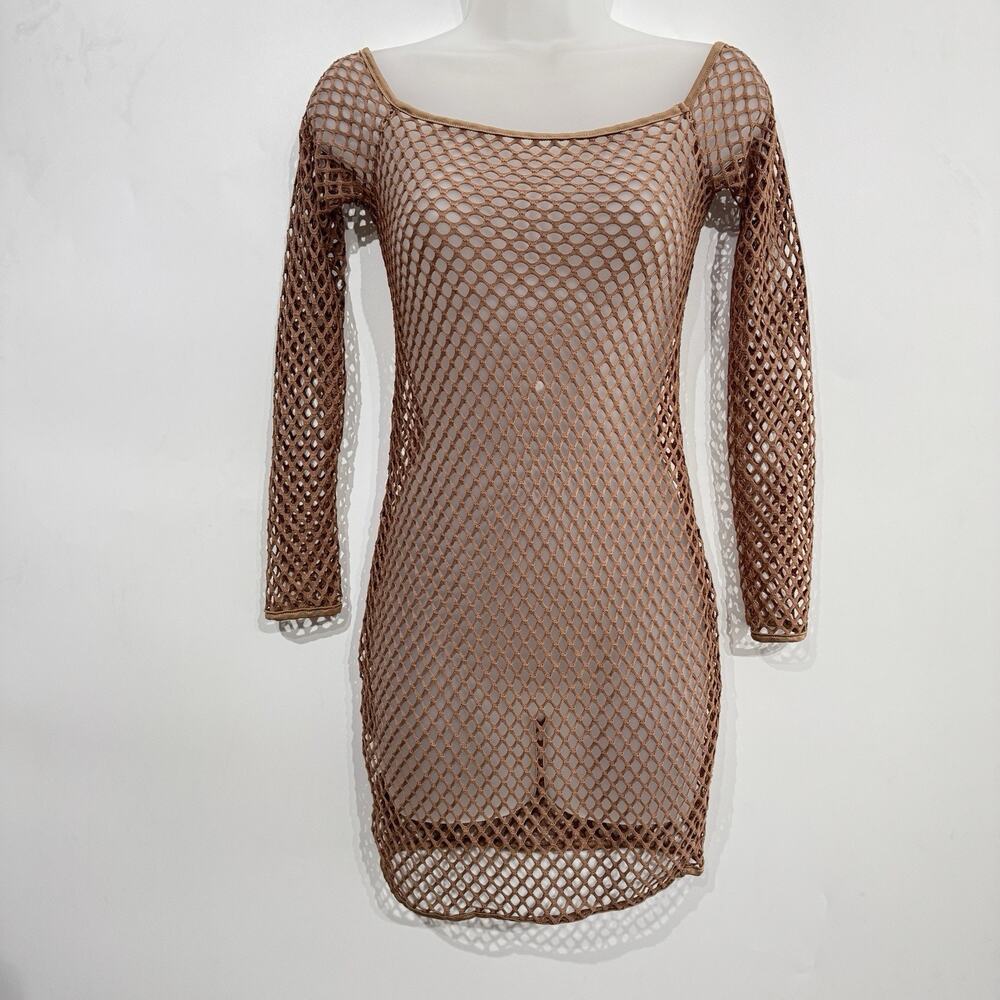 Women’s Fishnet Crochet Sheer Bodycon Dress Sz M Brown Boho Layering Y2K Mini